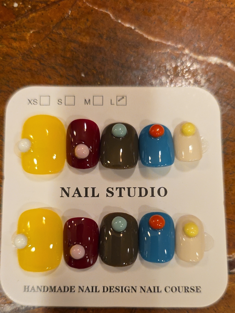 Multicolor Press-On Nail Set - Yellow, Burgundy, Olive, Blue, Cream Size Large